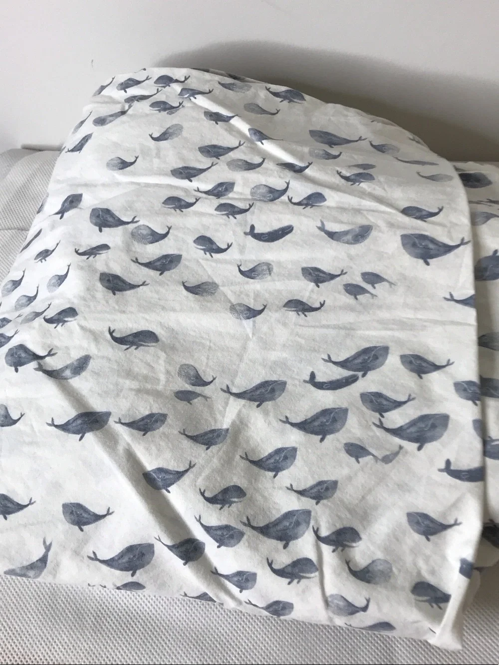 Pottery Barn Kids Whale Print Fitted Crib Sheet - White and Blue Gray